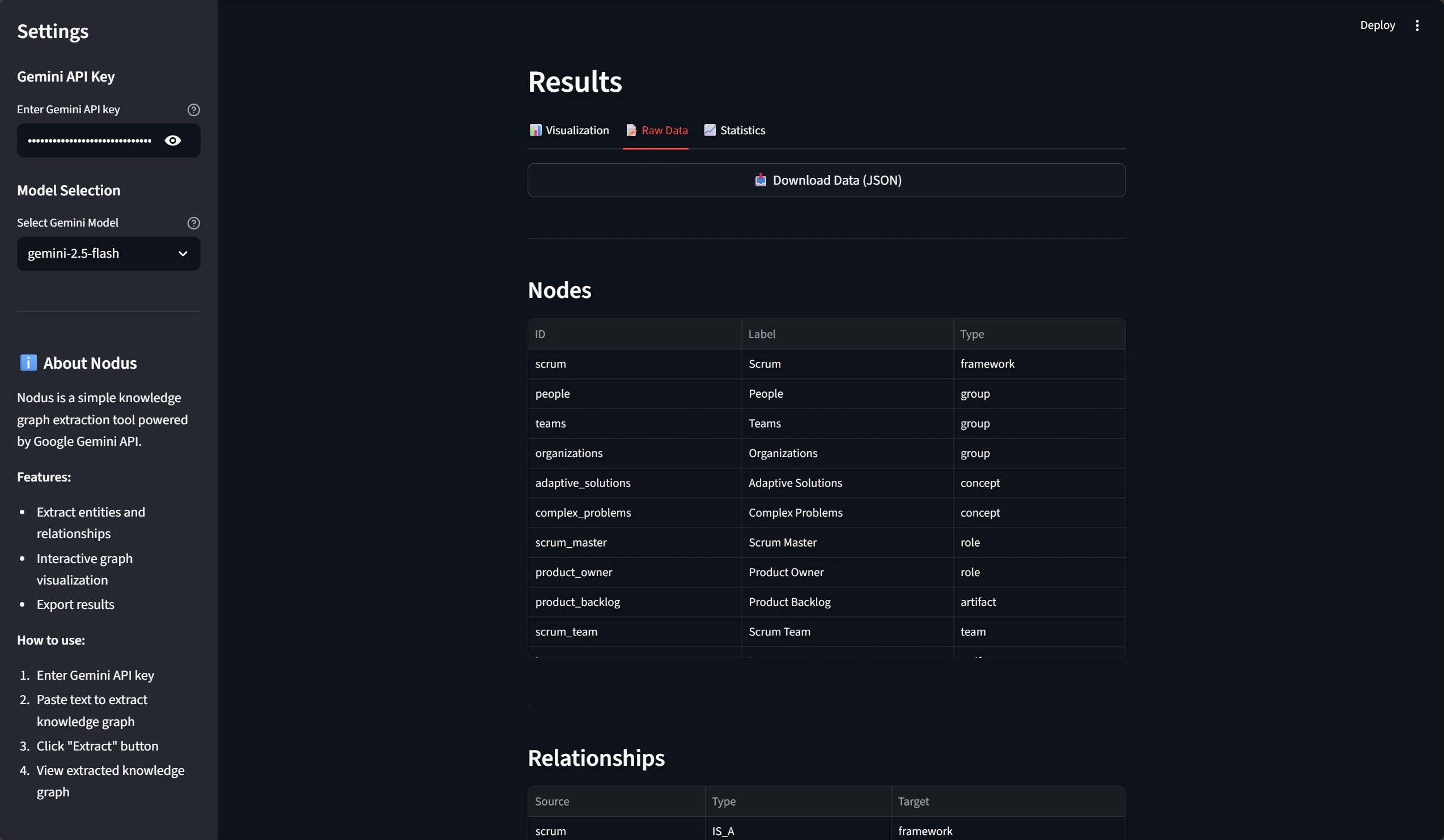 Nodus tab showing the details of the nodes and relationships in the knowledge graph.