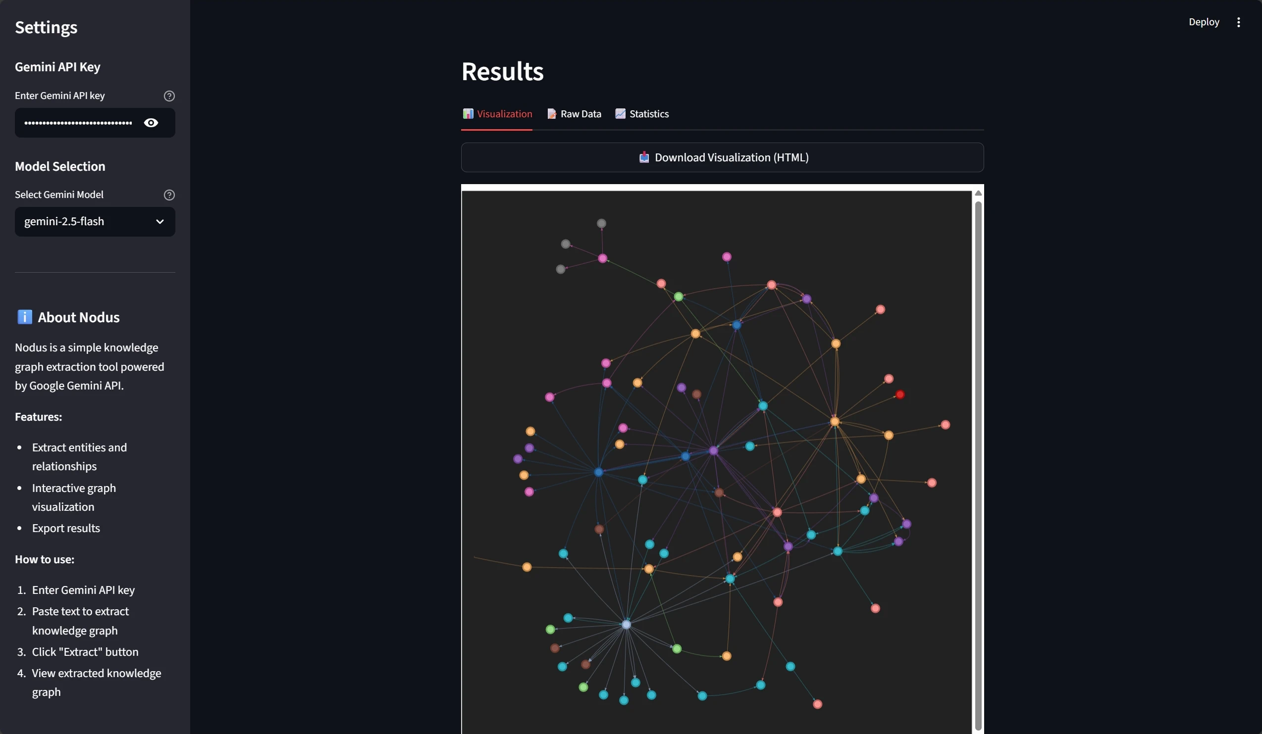 Nodus tab showing a knowledge graph created by extracting the entities and relationships from the input text.