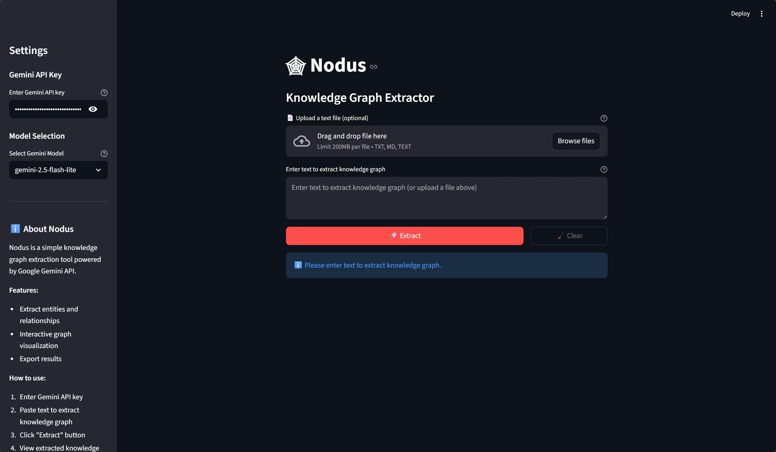 Nodus Streamlit application with a sidebar to configure the Gemini API key and model selection, the main interface allows the user to upload a text file or paste the contents to generate a knowledge graph.
