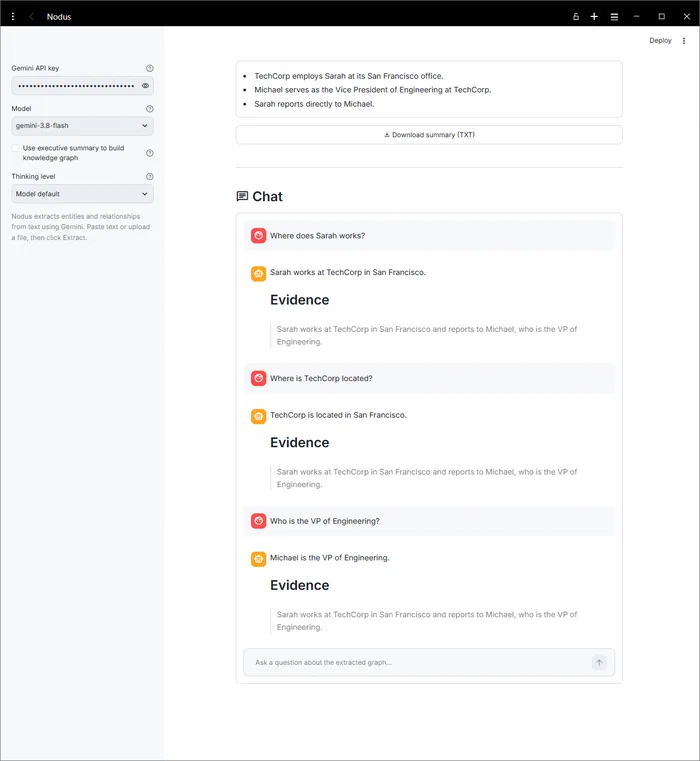 Nodus Chat section showing a question about the document, a prose answer, and an Evidence block with a verbatim quote and a relationship line.