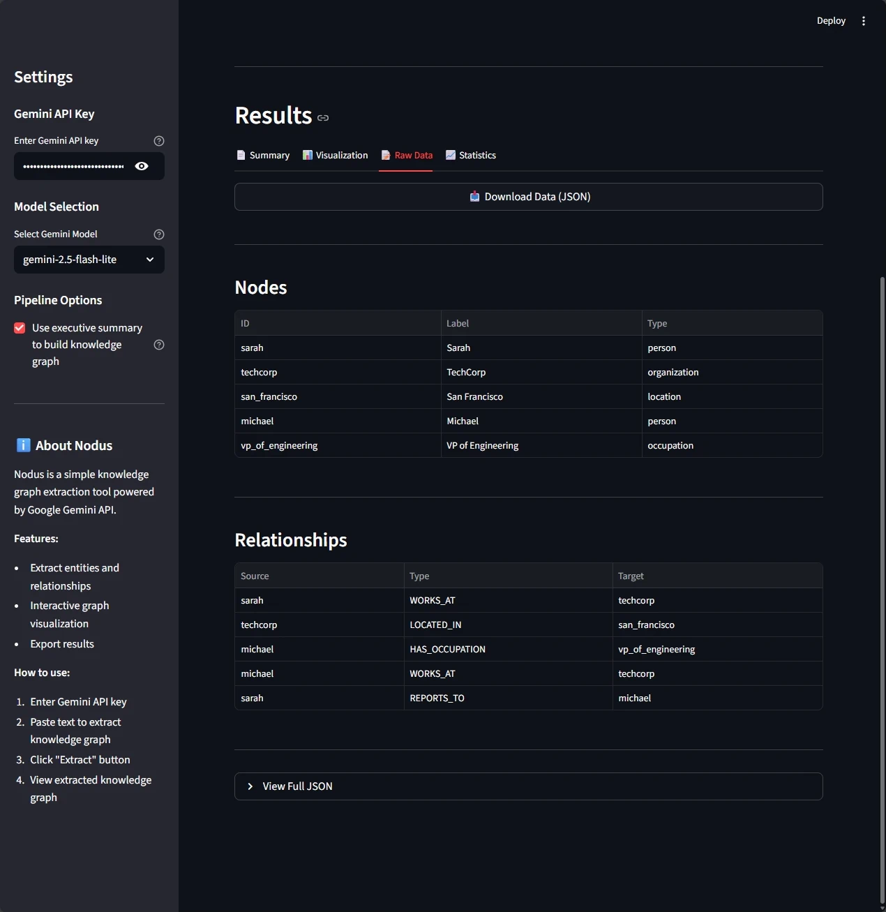 Nodus tab showing the details of the nodes and relationships in the knowledge graph.