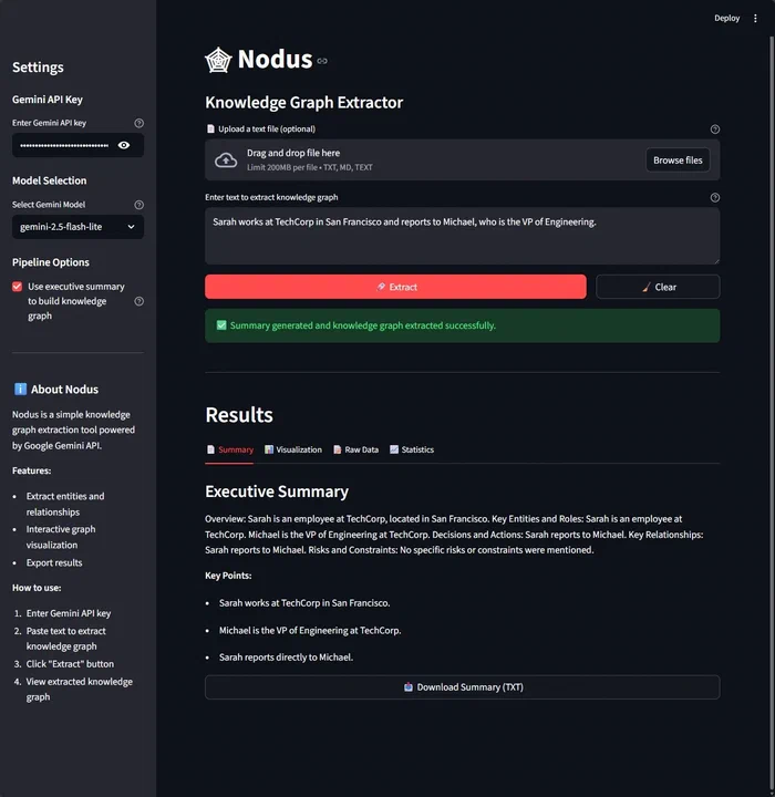 Nodus Streamlit application with a sidebar to configure the Gemini API key and model selection, the main interface allows the user to upload a text file or paste the contents to generate a knowledge graph.