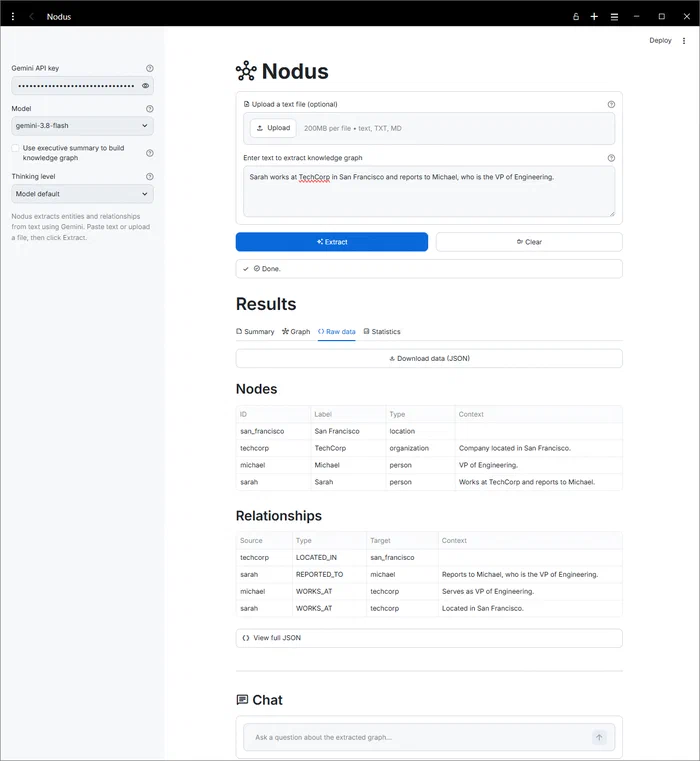 Nodus tab showing the details of the nodes and relationships in the knowledge graph.