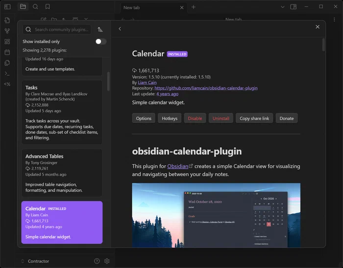 Plugin 'Calendar' en Obsidian ya instalado y habilitado.