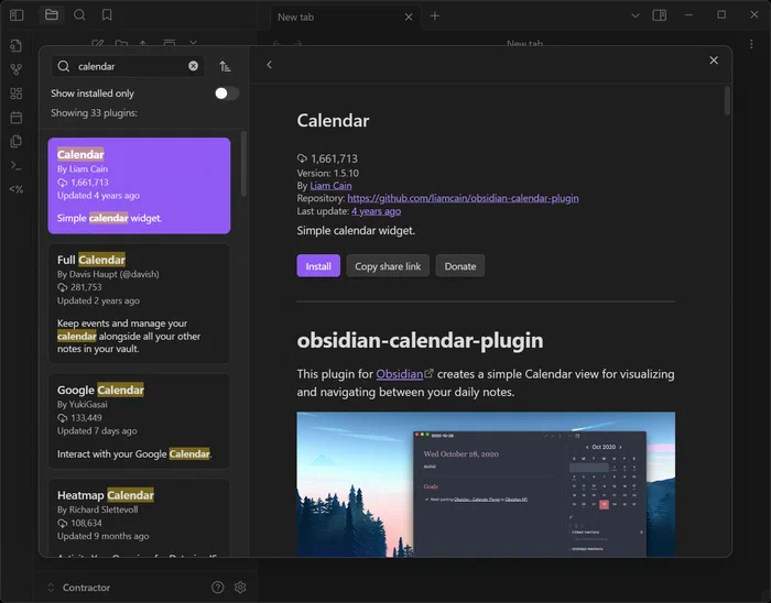 Resultado de búsqueda del plugin 'Calendar' en Obsidian, mostrando el botón de instalación.