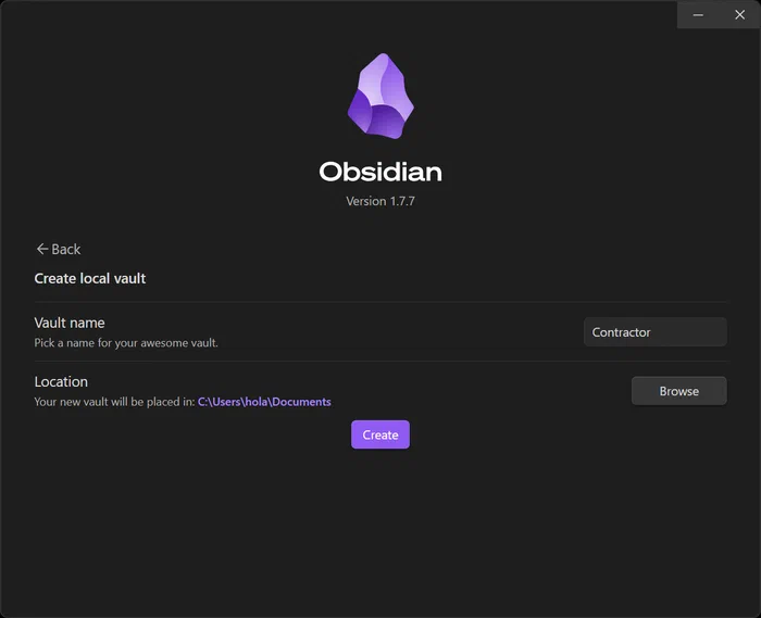 Opciones dentro de 'Create a new vault' en Obsidian, donde se define el nombre y la ubicación del vault.