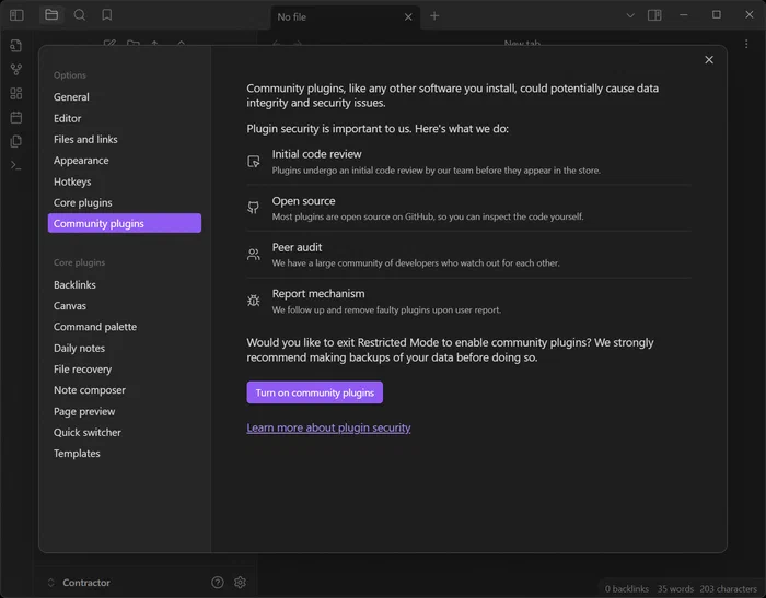 Pantalla de configuración en la sección de community plugins de Obsidian, con el botón para habilitar los plugins de la comunidad.