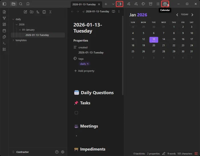 App Obsidian mostrando la vista de Calendar.