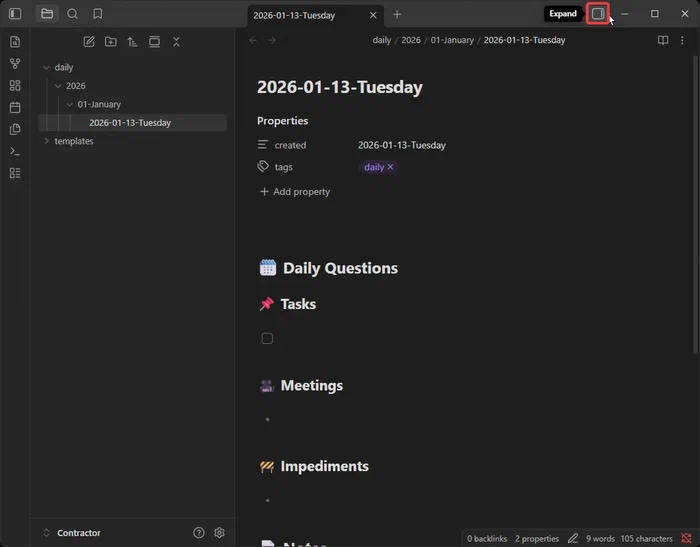 App Obsidian mostrando dónde hacer clic para expandir vistas, como la vista de calendario.