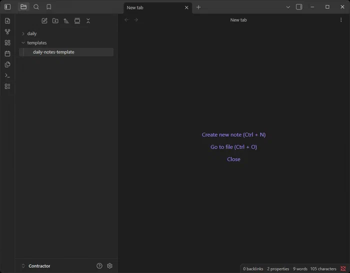 Pantalla principal de Obsidian mostrando la estructura de carpetas para configurar el template y la carpeta de generación de notas diarias.