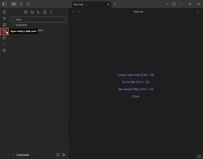 Pantalla de la app Obsidian, mostrando dónde hacer clic para tu nota diaria.