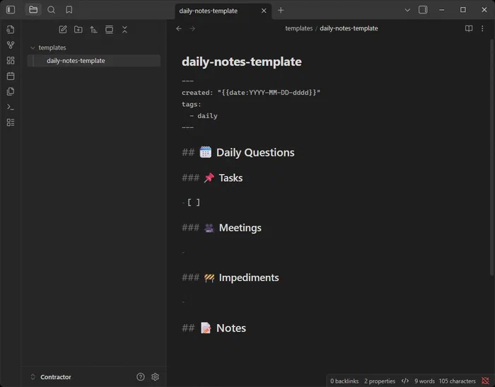 Contenido del template de notas diarias en Obsidian.