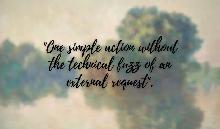 Arte de Monet acompañado de texto: 'One simple action without the technical fuzz of an external request' relacionado con una aplicación de ManyChat.