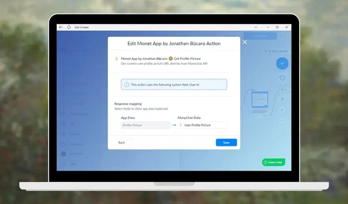Background artwork by Monet with a laptop showing the configuration settings for retrieving the user profile picture URL in the ManyChat app.