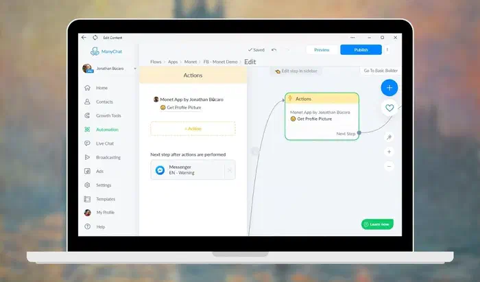 Background artwork by Monet with a laptop showing the ManyChat app flow featuring the action to retrieve the user profile picture URL.