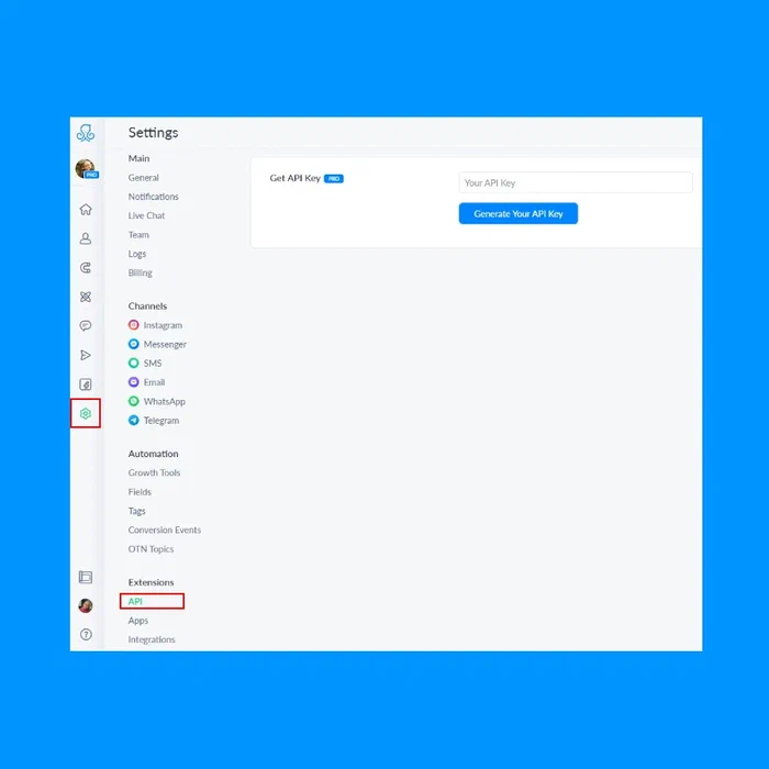 Pantalla de configuración de ManyChat mostrando la opción para generar una API key.