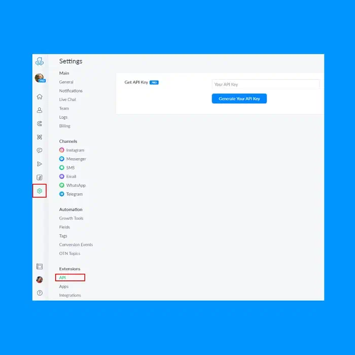 ManyChat settings screen showing the option to generate an API key.