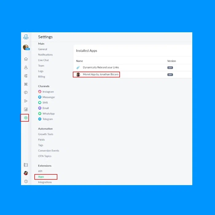 Pantalla de configuración de ManyChat mostrando la lista de apps instaladas, resaltando la app Monet.