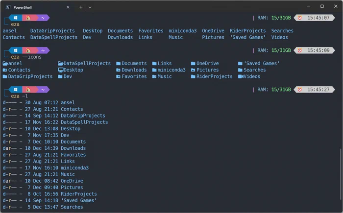 Windows Terminal mostrando eza listando el contenido de un directorio con colores, metadatos e indicadores de estado de Git