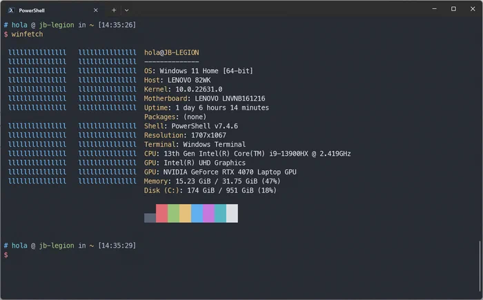 Windows Terminal mostrando la salida de winfetch con información del sistema incluyendo SO, CPU, RAM y detalles de hardware