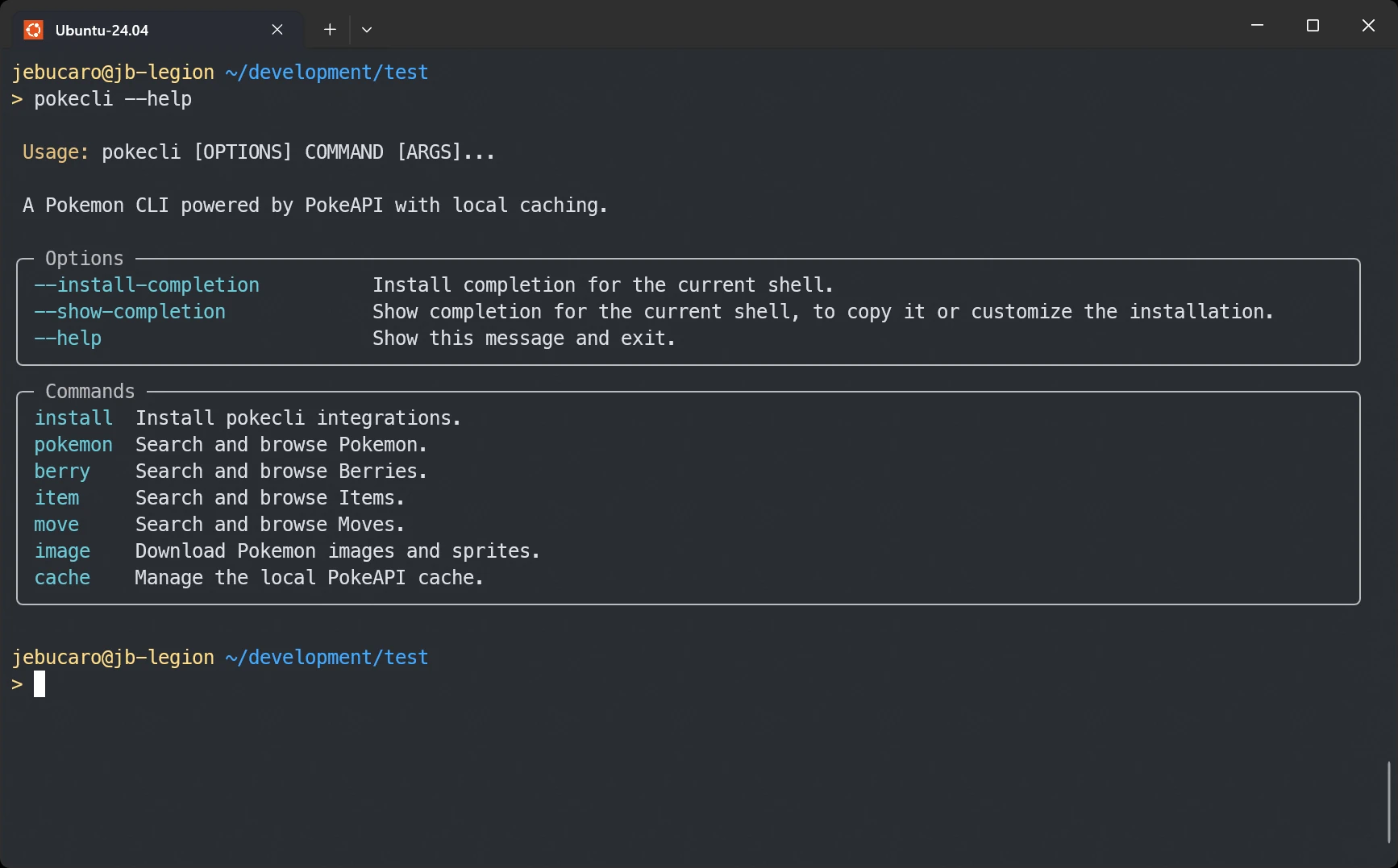 Windows Terminal showing the result of running pokecli's help command