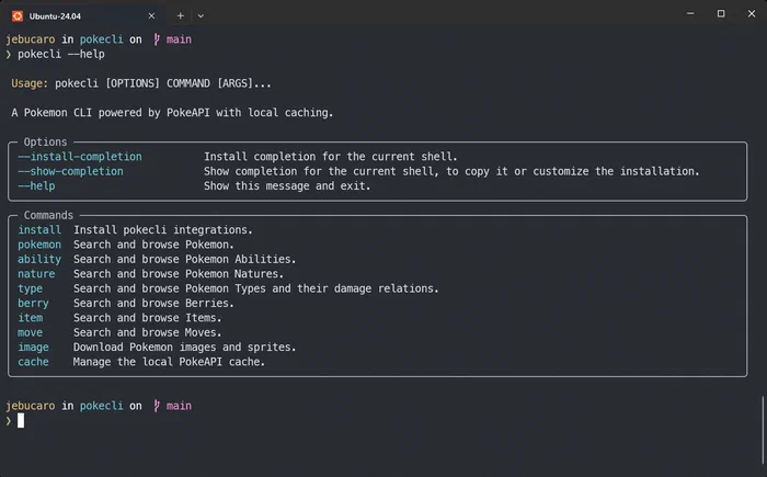 Windows Terminal mostrando el resultado de ejecutar el comando help de pokecli