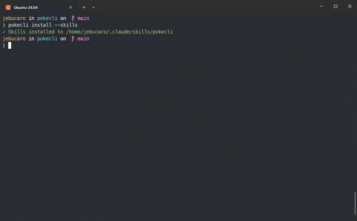 Instalación de los skills de pokecli usando el comando install.
