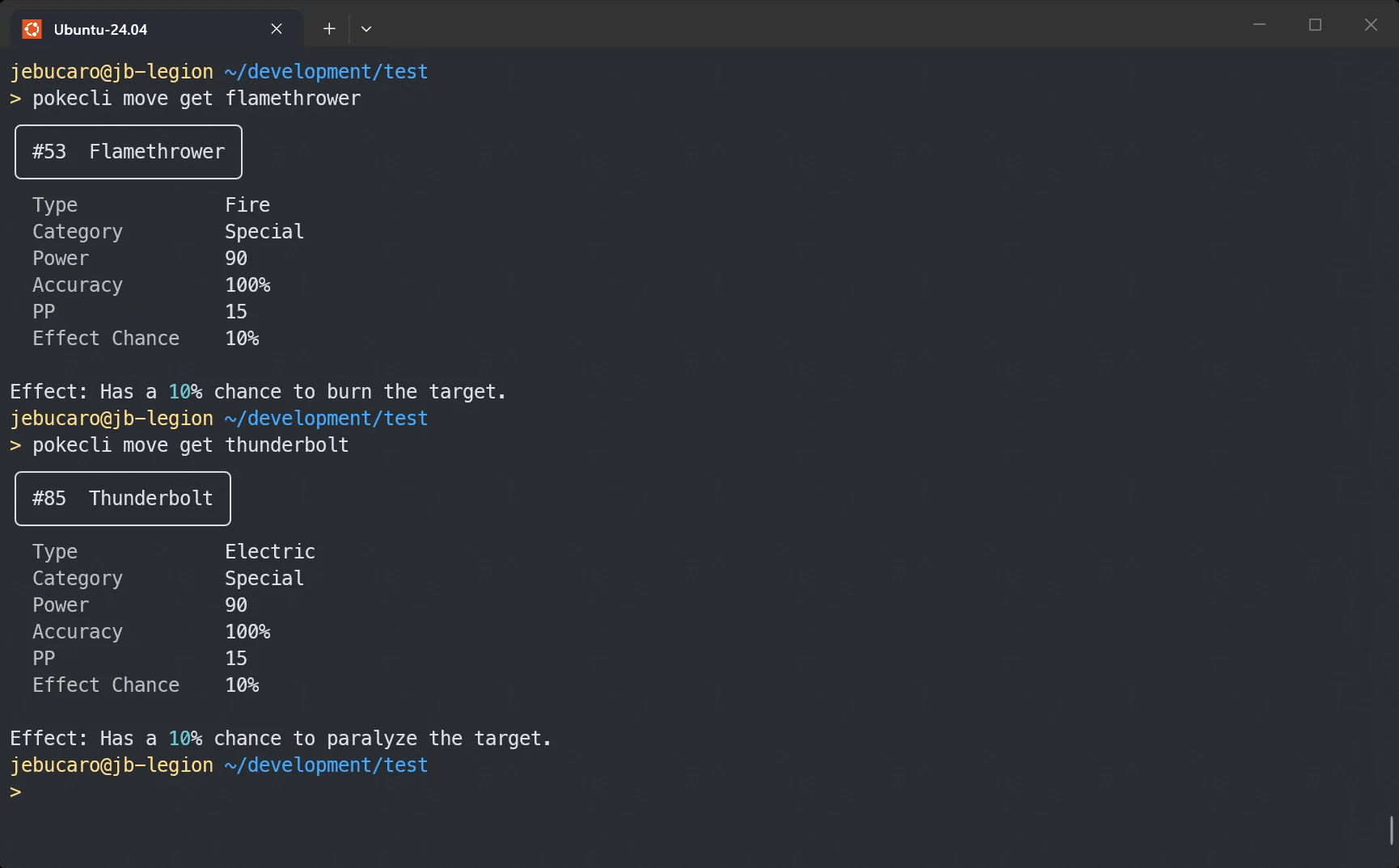 Windows Terminal showing the result of running pokecli's move command to ge the data of Flamethrower and Thunderbolt
