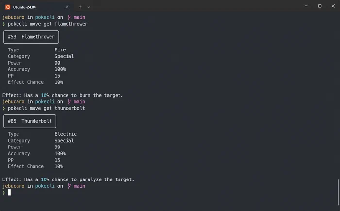 Windows Terminal mostrando el resultado de ejecutar el comando move de pokecli para buscar los datos de Flamethrower and Thunderbolt