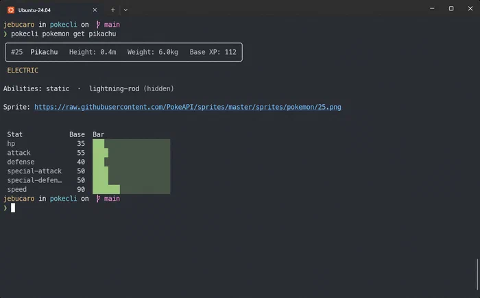 Windows Terminal mostrando el resultado de ejecutar el comando pokemon de pokecli para buscar los datos de Charizard
