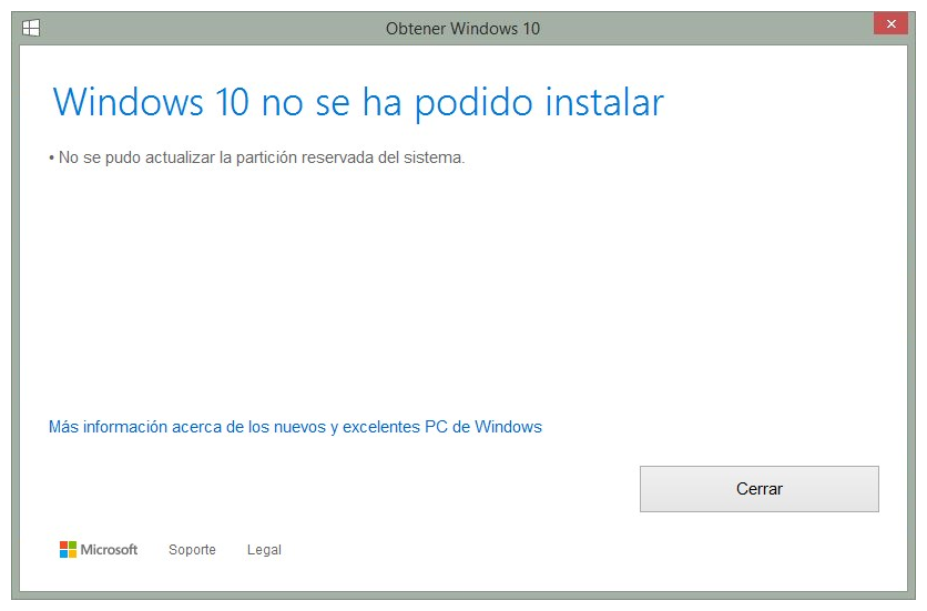 Mensaje de error que indica que no se pudo instalar Windows 10 debido a un problema al actualizar la partición reservada del sistema