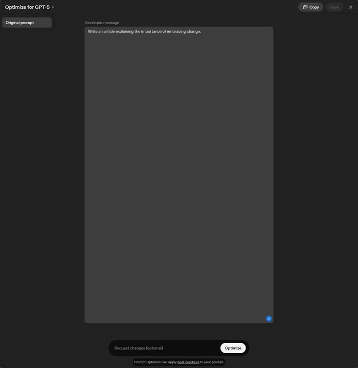Interfaz web de Optimize for GPT-5