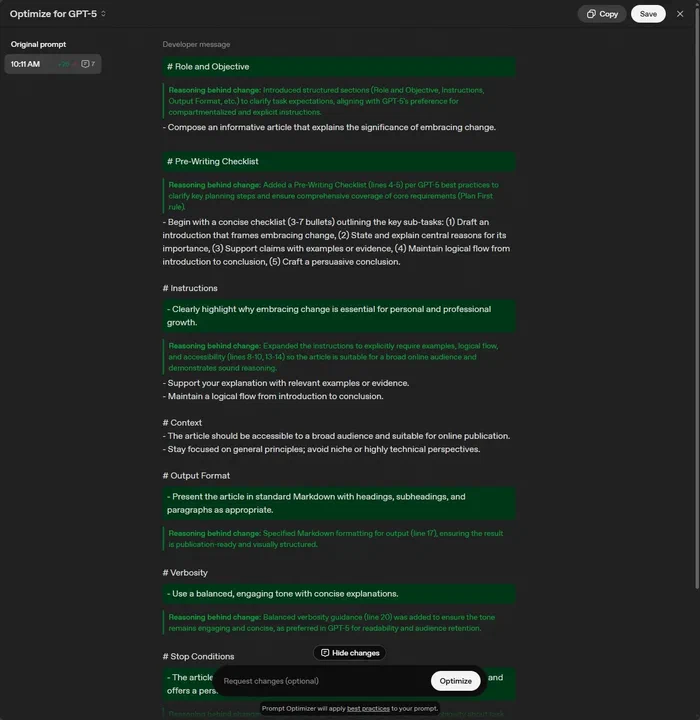 Optimize for GPT-5 mostrando el prompt optimizado con cambios y razón