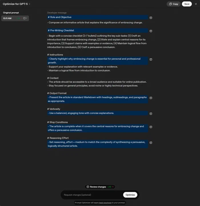 Optimize for GPT-5 mostrando el prompt optimizado