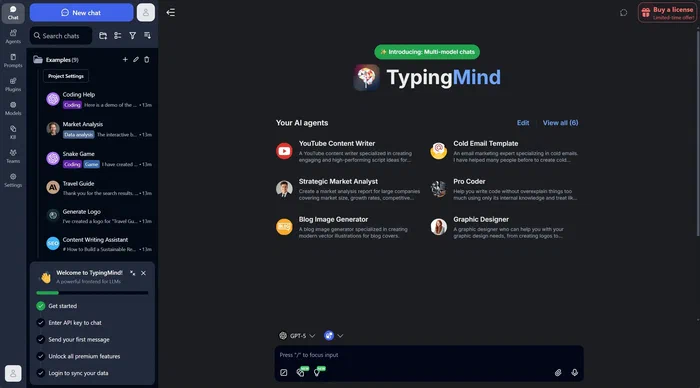 Interfaz principal de TypingMind con lista de chats y pantalla de conversación