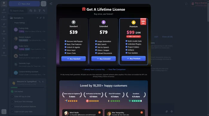 Página de precios de TypingMind con los tres niveles de licencia