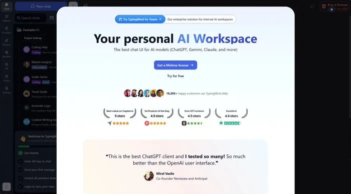Pantalla de bienvenida y landing page de TypingMind