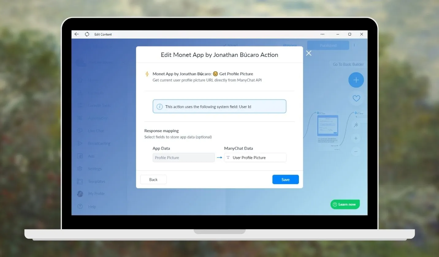 Background artwork by Monet with a laptop showing the configuration settings for retrieving the user profile picture URL in the ManyChat app.