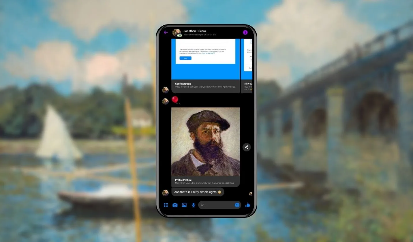 Background artwork by Monet with a phone displaying the Messenger app showing the user's profile picture in a chatbot conversation.