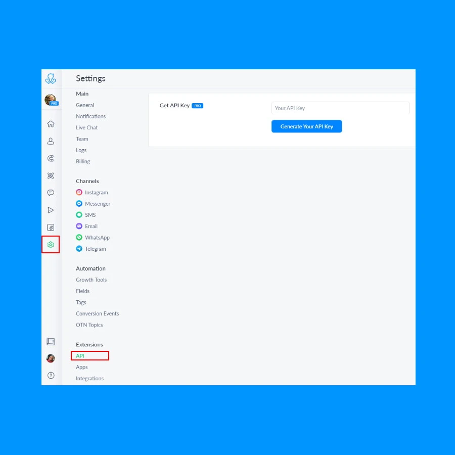 ManyChat settings screen showing the option to generate an API key.