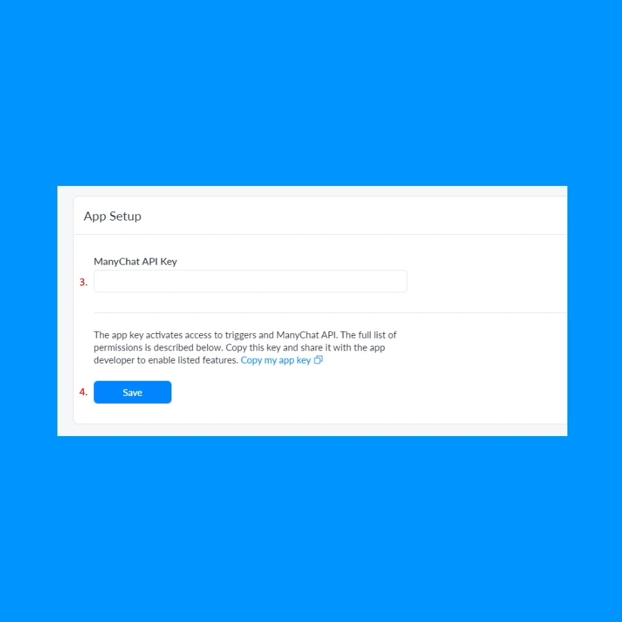 Focused view of the Monet App settings showing the textbox for pasting the ManyChat API key and the button to save the configuration.