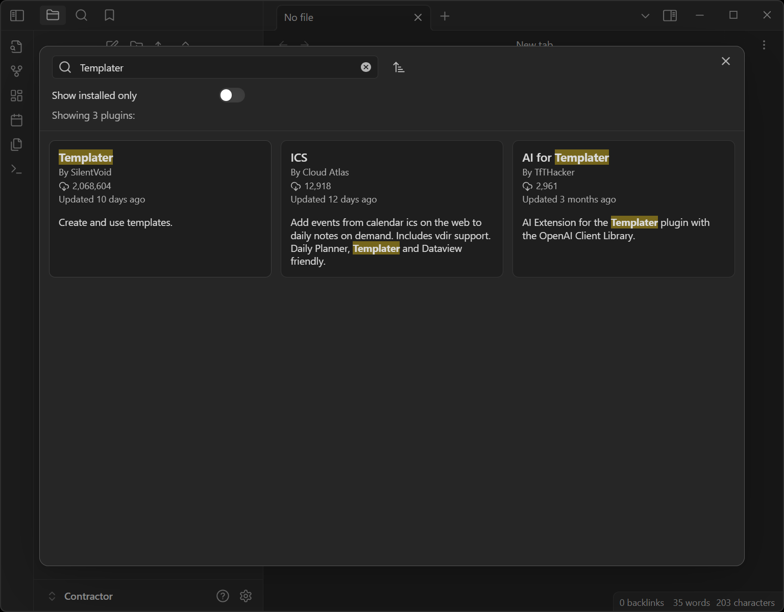 Searching for plugins in the community plugins window in Obsidian, showing the search for 'Templater.