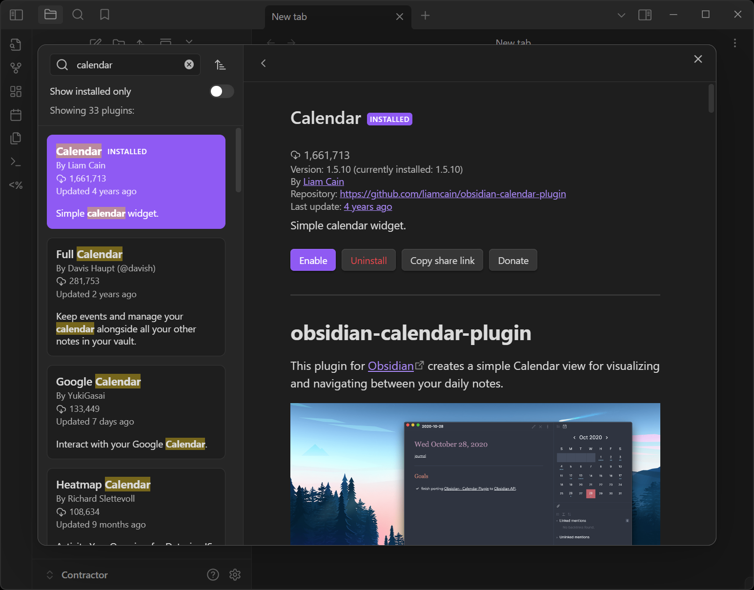 'Calendar' plugin installed and showing the enable button.