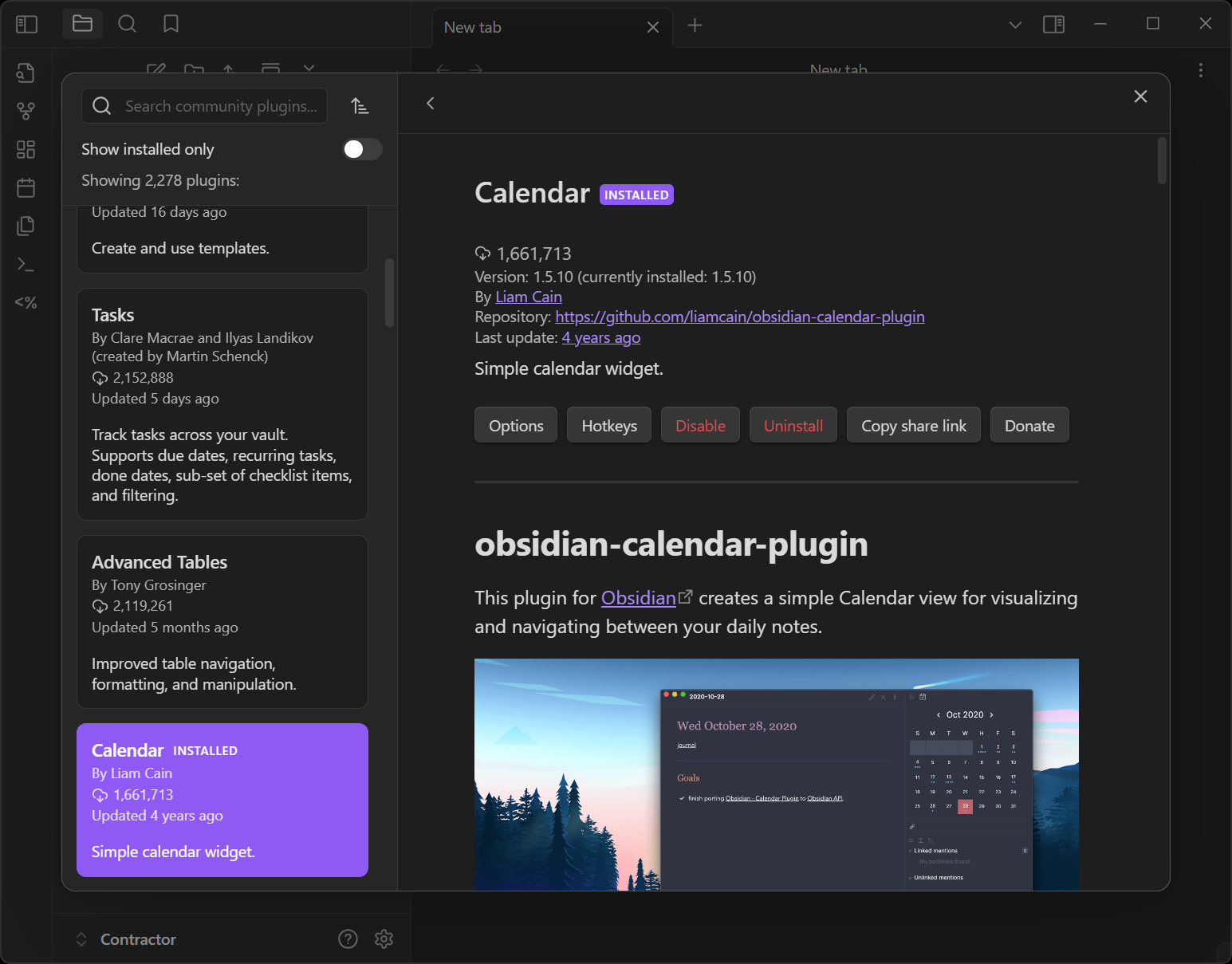 'Calendar' plugin in Obsidian already installed and enabled.