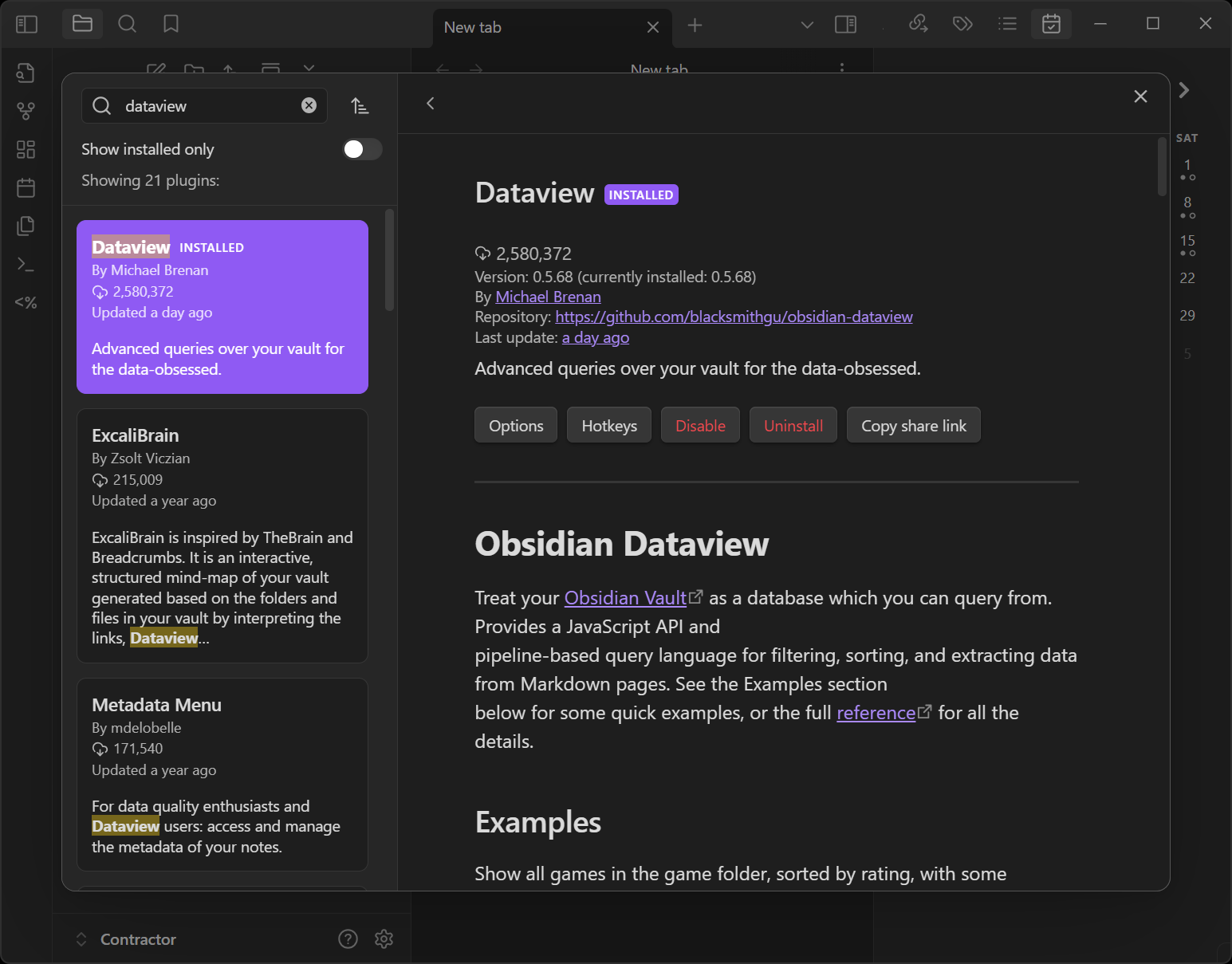 Dataview' plugin in Obsidian already installed and enabled.