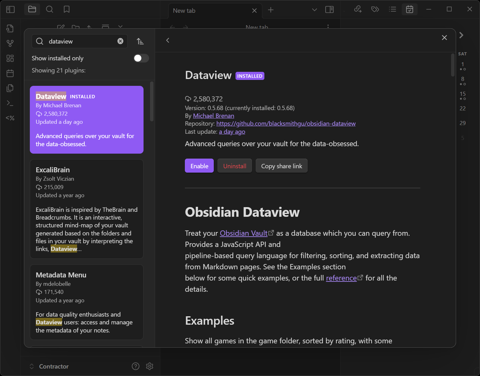Dataview' plugin installed and showing the enable button.