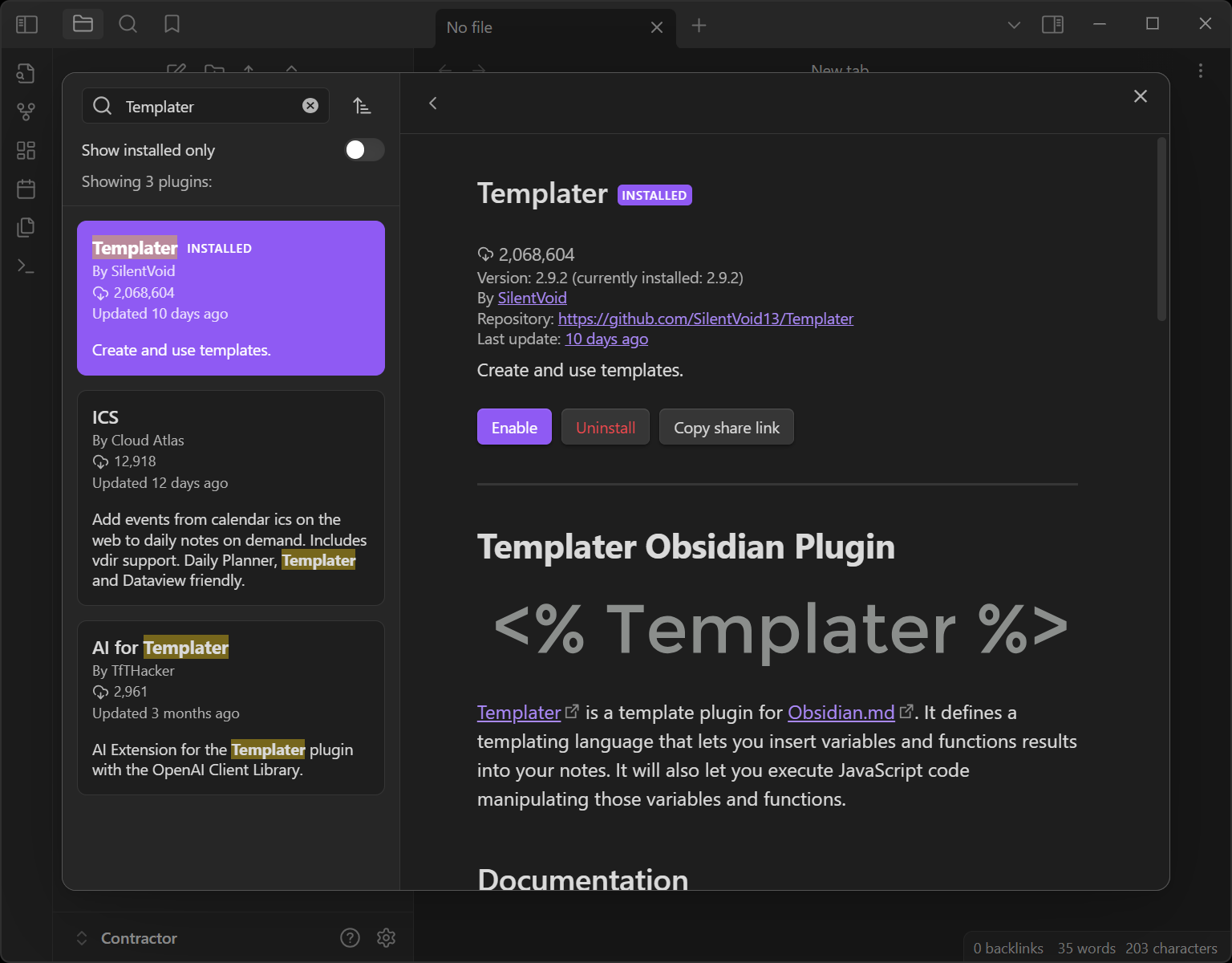 Templater' plugin installed in Obsidian, showing the enable button.