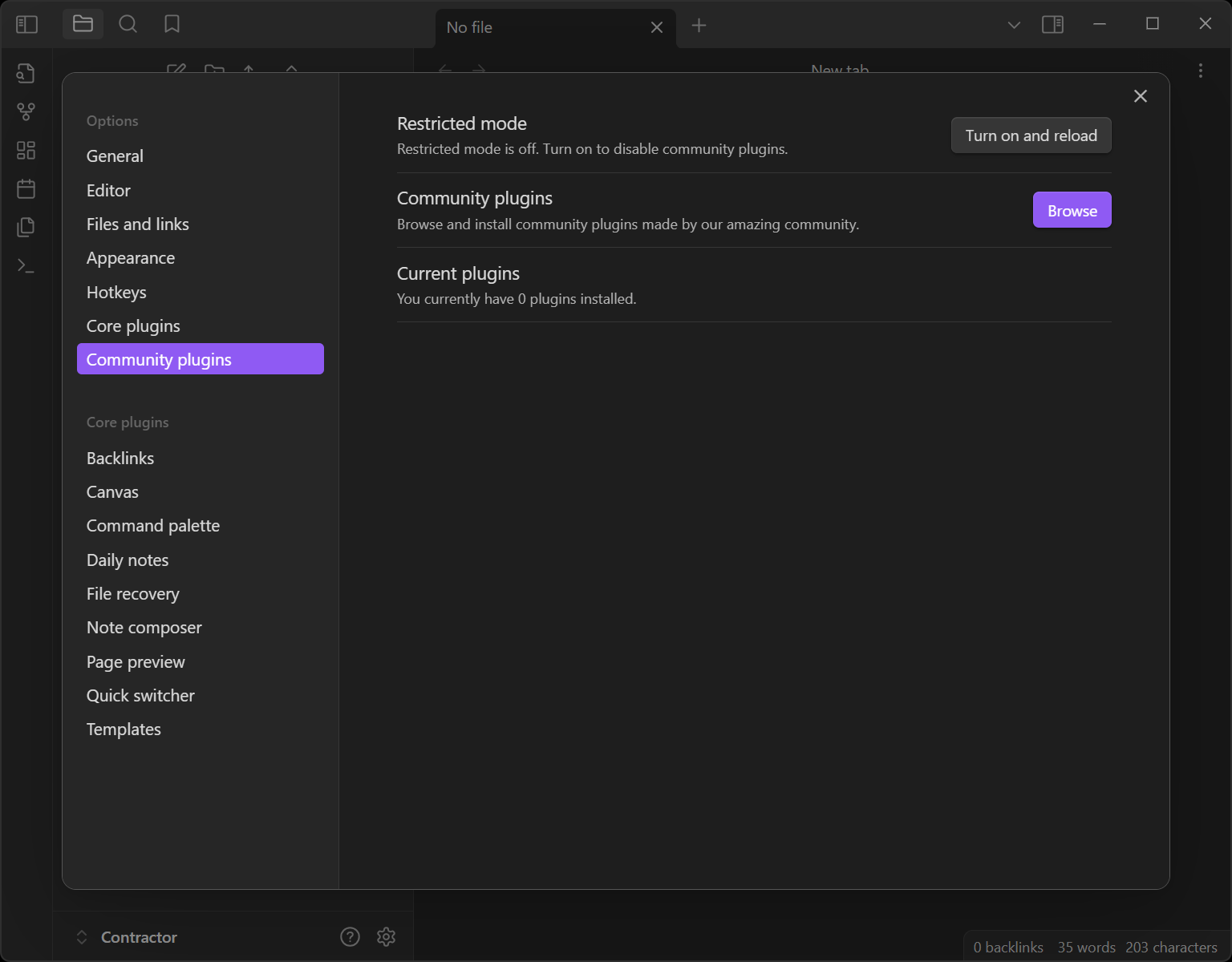 Option to enable community plugins in Obsidian, showing active status.