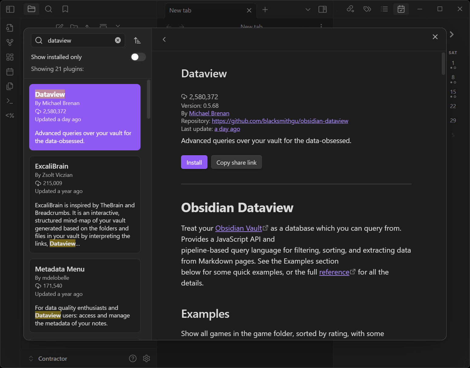Search result for 'Dataview' plugin in Obsidian, showing the install button.