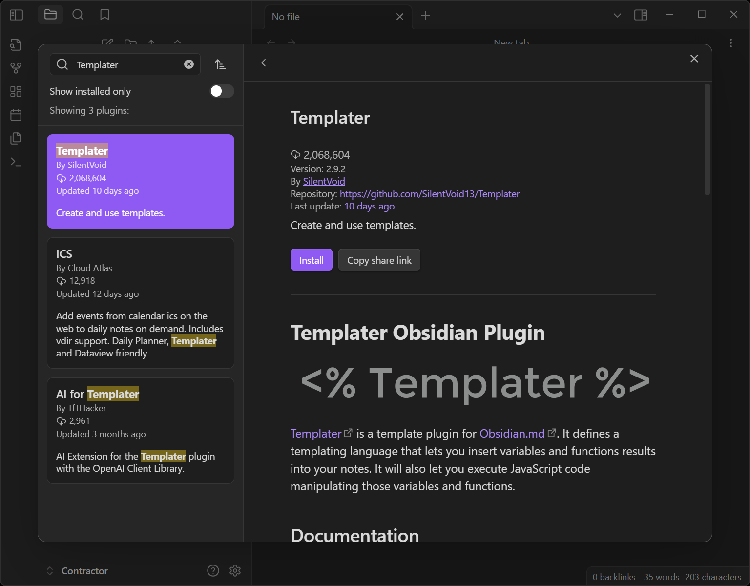 Search result for 'Templater' plugin in Obsidian, showing the install button.